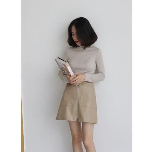 South Korea autumn winter new a half skirt Fashion High Waist Zipper Stitching Pu Leather Skirt Cross Tie Women Skirts Clothing