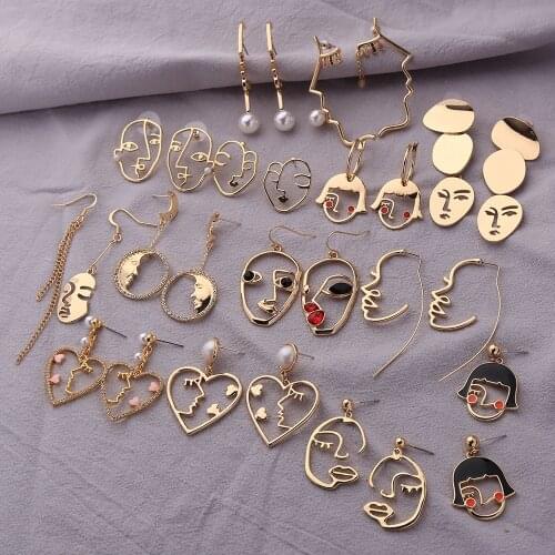 Kissme Women Earrings 2021 Korea Style Fashion Jewelry Gold Color Brass Abstract Lady Face Dangle Earrings Accessories Brincos