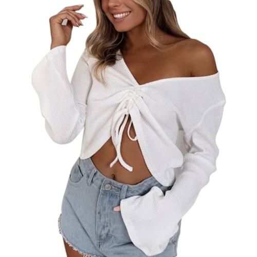 Women Autumn Long Sleeve Sweater Sexy V-Neck Ruched Drawstring Crop Top Solid Color Ribbed Knitted Pullover Jumper Shirt