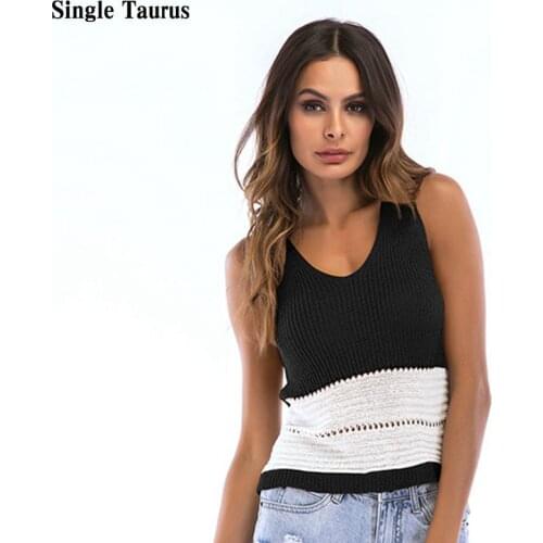 Sexy Vest Women Splicing Color Knitted Beach Sleeveless Tops Summer Lady Camisole V Neck Streetwear Knit Casual Thin Tank Tops