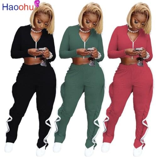 HAOOHU Activewear Womens Set Jacket Ruffles Side Splicing Slit Pants Matching Set Sport Tracksuit Fitness Two Piece Set Outfit
