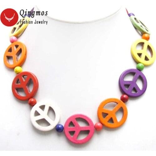 Qingmos Natural Turquoises Necklace for Women with 30mm Multicolor Round Peace Sign Turquoises Chokers Necklace Jewelry 18" 5572