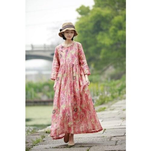 Summer New Preppy Abstract Floral Print Colorful Pleated Women Cotton Linen Dress, Frog Buttons High Waist Loose Thin Dresses