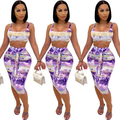 2021 New Women Two Piece Dress Set Summer Strapless Sleeveless Top And Print Mid Calf Sheath Skirts Beach Bodycon S-XXL