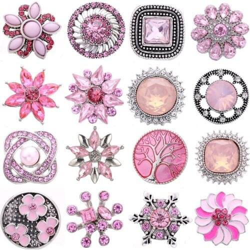 5pcs/lot New Snaps Jewelry Pink Rhinestone Flower 18mm Metal Snap Buttons Fit Metal Leather Snap Bracelet Necklace Charm Jewelry