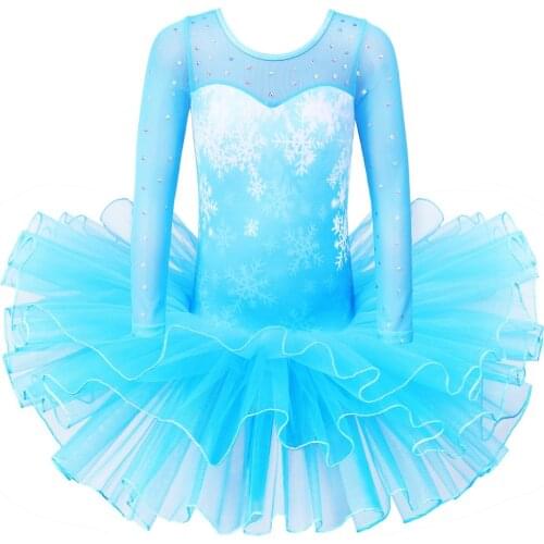 BAOHULU Girls Ballet Dress Blue Long Sleeves Child Ballet Tutu Snowflake Sequins Ballerina Costumes for Girls