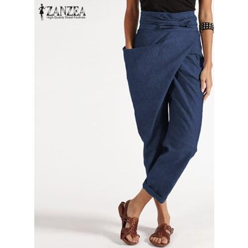 Fashion ZANZEA Women Hare Pants Casual Harem Solid Turnip Trousers Office Work Lace Up Female Elegant Pencil Pantalon Femme