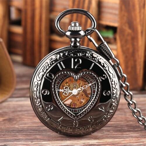 Heart Hollow Mechanical Pocket Watch Retro Black Manual Machinery Pendant Pocket Clock Thick Chain Hand Winding Timepiece