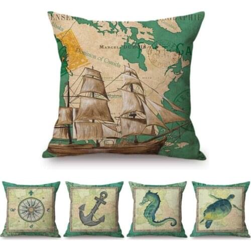 Summer Oceanic Blue Marine Sailor Art Map Anchor Ruddle Sea Horse Turtle Home Decor Sofa Pillow Case Vintage Linen Cushion Cover