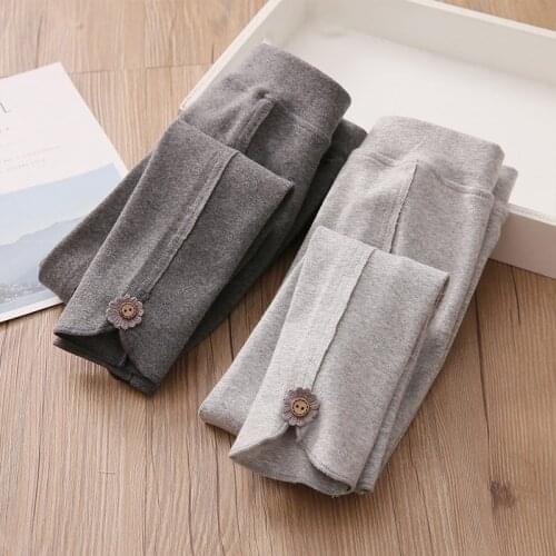 2021 Autumn Spring Korean 100-150cm 3 4 6 8 10 12 Years Cotton Solid Color With Buttons Patchwork Baby Kids Leggings For Girls