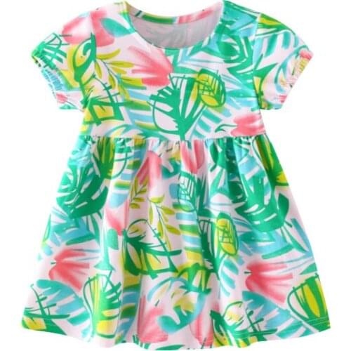 Jumping Meters Breathable Girls with Cute Flowers Pattern Cotton Kids Summer Sling Short Sleeve Dress for Casual Skirt