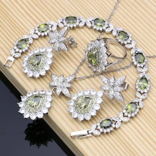 Dropshipping Silver 925 Jewelry Sets Olive Green CZ Costume Jewelry Kits For Women Earrings/Pendant/Rings/Bracelet/Necklace Sets