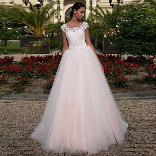 Fantastic Tulle Scoop Neckline Natural Waistline Ball Gown Wedding Dress Pink Bridal Gowns with Belt robe de mariee sirene