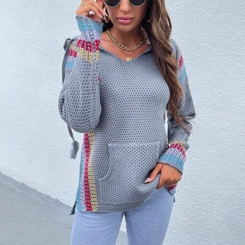 Autumn New Hooded Drawstring Sweaters Women Long Sleeve V-neck Striped Patchwork Pullover Tops Female Casual Loose Knit Sweater