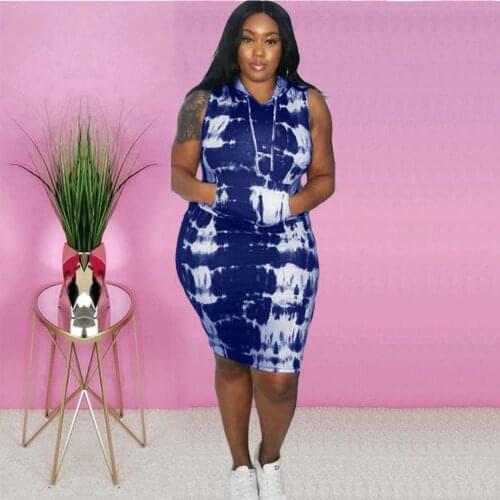 CM.YAYA Autumn Active Wear Tie Dye Print Hooded Sleeveless Plus Size L-4XL Women Bodycon Midi Dress Vestidos Streetwea Dresses
