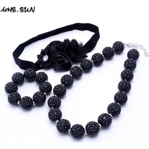MHS.SUN Black Rhinestone Kid Bubblegum Chunky Bead Necklace Girl Children Jewelry Set Chunky Kid Headband Necklace&Bracelet Set