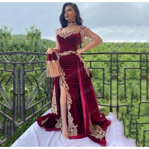 Burgundy Velvet Caftan Evening Dresses 2021 4pcs Gold Lace Appliques Evening Gowns Arabic Elegant вечернее платье Prom Gowns