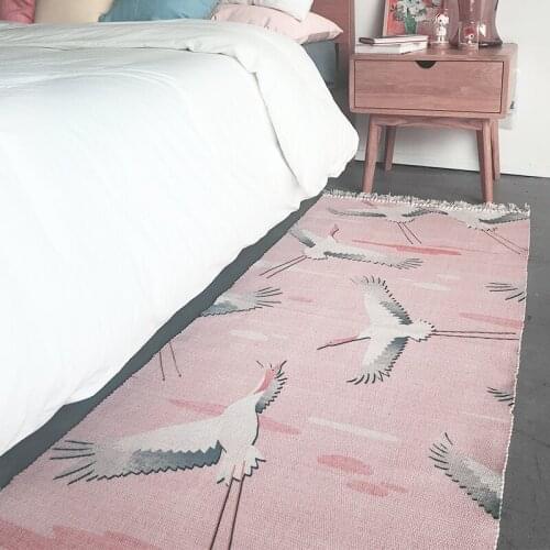 High white Crane design tessel edge cotton area rug for bedside living room tapetes para casa sala tapis salon