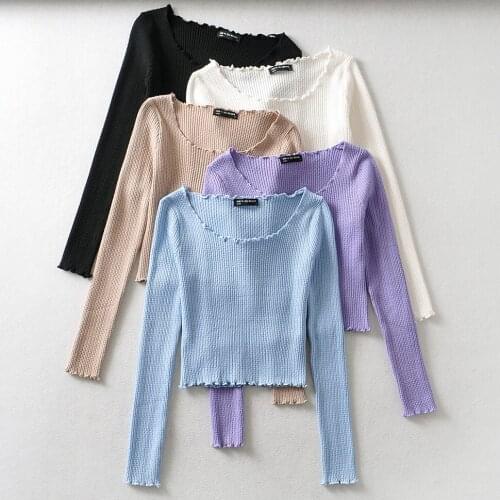 Vintage Womens Ruffle knitted Crop Top Tshirt 2020 Autumn Winter O Neck Long Sleeve T Shirts Tops Casual Slim Elastic Short Tee