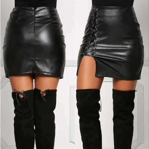Female PU Leather Skirt Women Bodycon Sexy Short Skirts High Waist A-line Lace-up Personality Mini Skirt Black Faux Leather