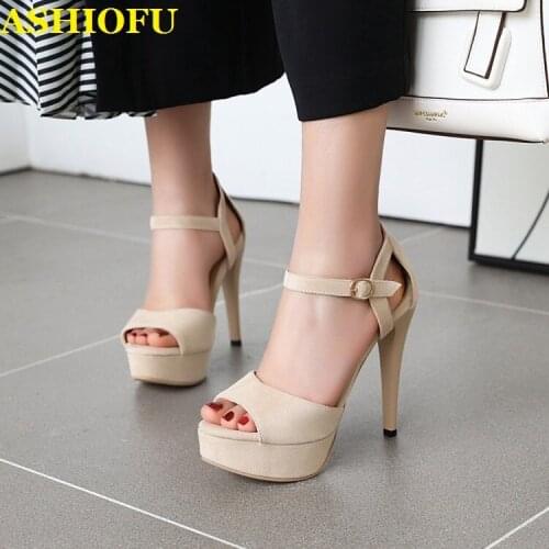 ASHIOFU 2020 Wholesale Womens High Heels Sandals Faux-suede Party Prom Summer Shoes Peep-toe Evening Platform Fashion Sandals