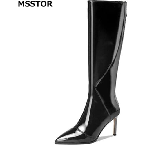 Mixed Colors High Heels Knee Boots Pointed Toe Sexy Zipper Thin Genuine Leather Short Plush Winter Shoes Women Party Elegant