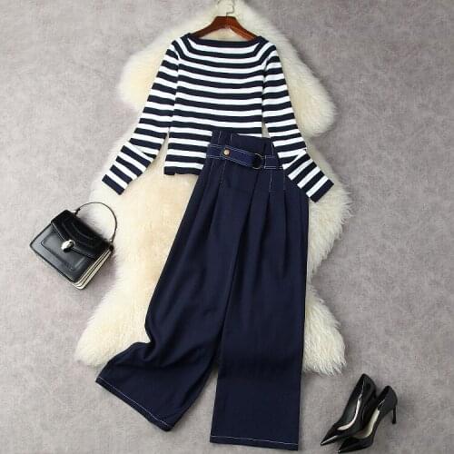 European and American womens autumn 2021 new Long sleeve striped knit sweater The cowboy Wide-legged pants Fashion suits