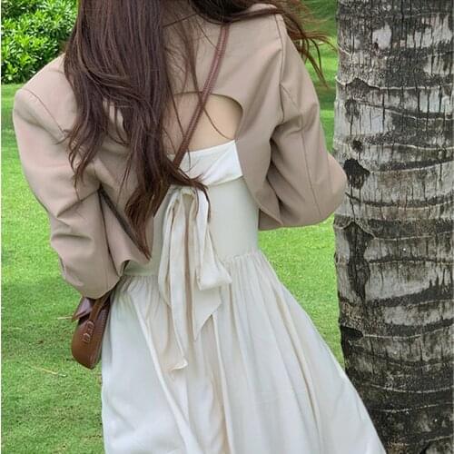 2021 Autumn Elegant Midi Floral Dress Female Casual Y2k Crop Tops Backless Blazers + Korean Fashion Beach Party Dress Set Ladies