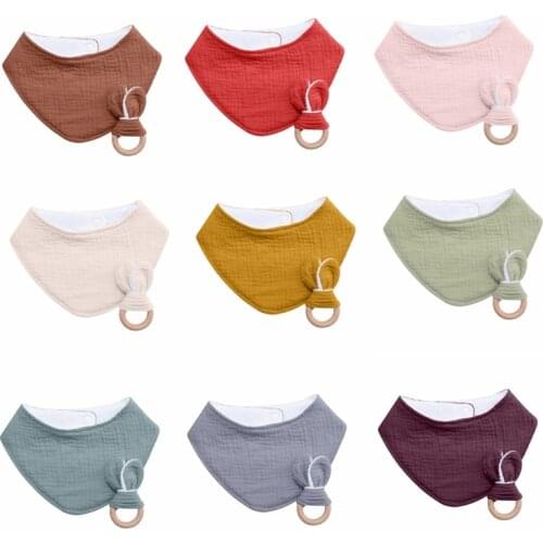 2PCS/set 100% Cotton Baby Bunny Ear Teether Baby Bibs Triangle Scarf Safe Organic Wooden Ring Nursing Training Teethers Toy Gift