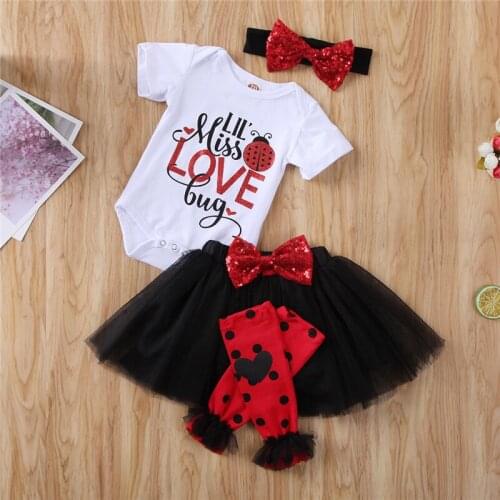 Valentines Day 4pcs Lovely Kids Clothes Set Newborn Infant Baby Girls Romper Skirt Sweet Clothes Outfits Sets 4PCS