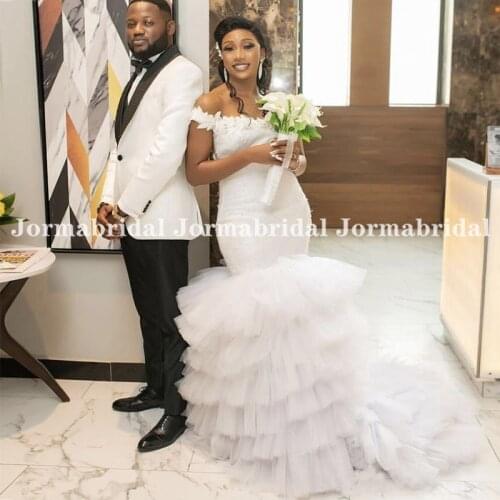 African Women White Tiered Tulle Wedding Dress See Through Back Off The Shoulder Long Chapel Train Bridal Gowns Customized