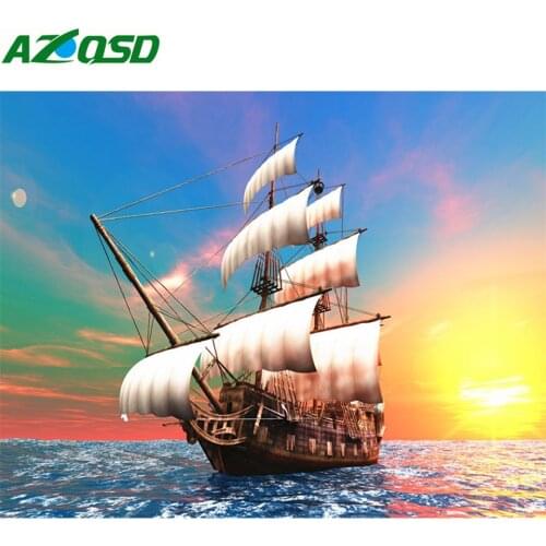 AZQSD Diamond Painting Sailboat Cross Stitch Home Decor Diamond Embroidery Landscape Rhinestones Picture Of Rhinestones Gift