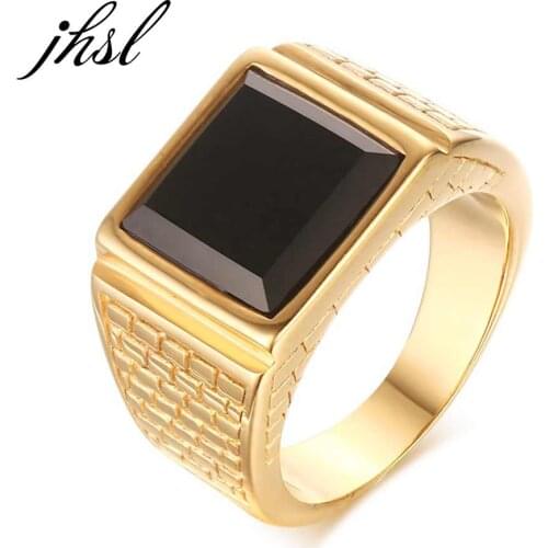 JHSL Big Large Men Black Agate Rings Golden Stainless Steel Fine Jewelry Anniversary Gift Size 8 9 10 11 12