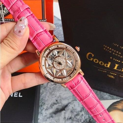 Fashion Rose Women Watches Rotation Dress Watch Women Real Leather Band Big Dial Bracelet Wristwatch Waterproof New montre femme