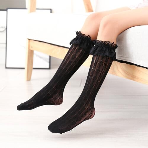 Childrens Socks White Girls Lolita Lace Knee High Socks Kid Floral Sox Japanese Style Female Hollow Out Ruffle Cheap Stuff