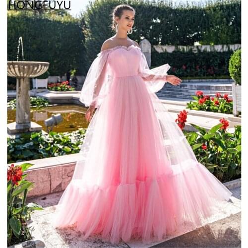 HONGFUYU Pink Off Shoulder Prom Party Dresses Long Sleeve вечерние платья 2021 Princess Tulle Lace-up Formal Evening Dress Long