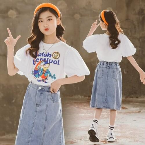 10 12 years Girls Puff Sleeve Cartoon Print Tops Short Sleeve White Cotton Tee Shirt for Teen Girl
