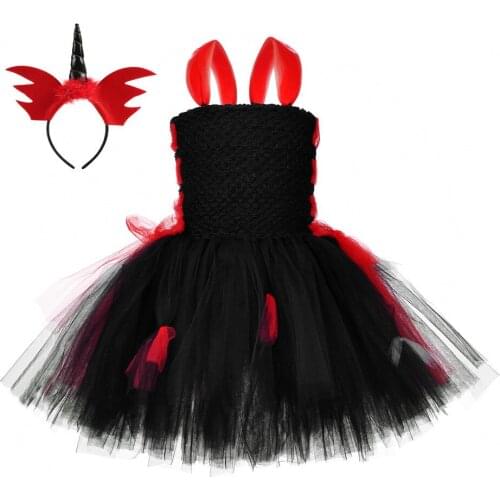 Vampire Costumes Fantasy Party Tutu Dress Costume For Girls Halloween Carnival Party Dress Red Headwear Black Kids Tulle Dresses