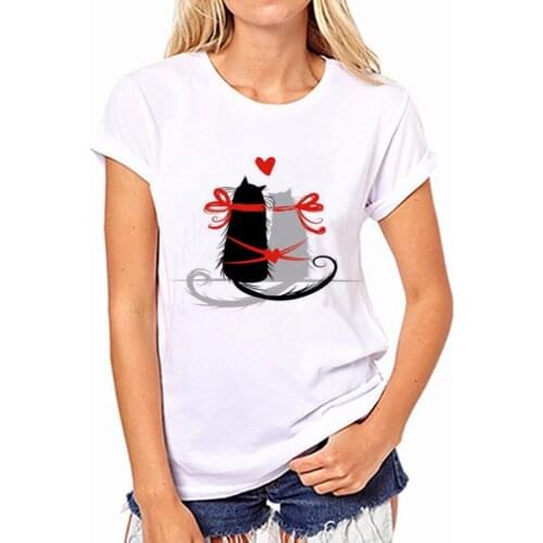 Summer O-neck Short Sleeve Female T-shirt Casual Slim Cartoon Cats Woman Tops Fashion White Thin Tees