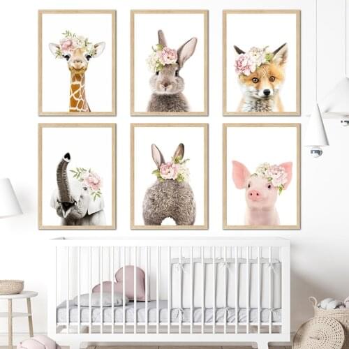 Flower Rabbit Tail Giraffe Fox Elephant Nordic Posters And Prints Wall Art Canvas Painting Wall Pictures For Baby Bedroom Decor