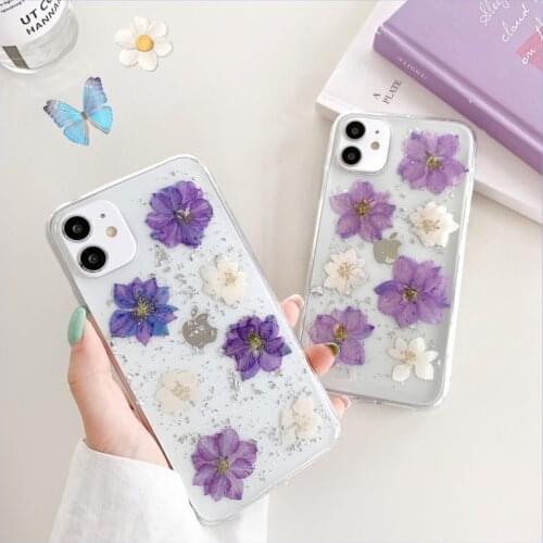 Luxury Real Dry Flowers Glitter Transparent Phone Case For Iphone 12 Mini 11 Pro XS MAX X XR SE 2020 6S 7 8 Soft TPU Cover capa