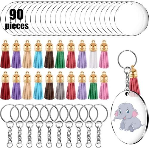 90Pcs Acrylic Clear Circle Discs Keychain Set Round Acrylic Keychain Blanks DIY Decoration Craft Jump Ring Leather Tassel Set