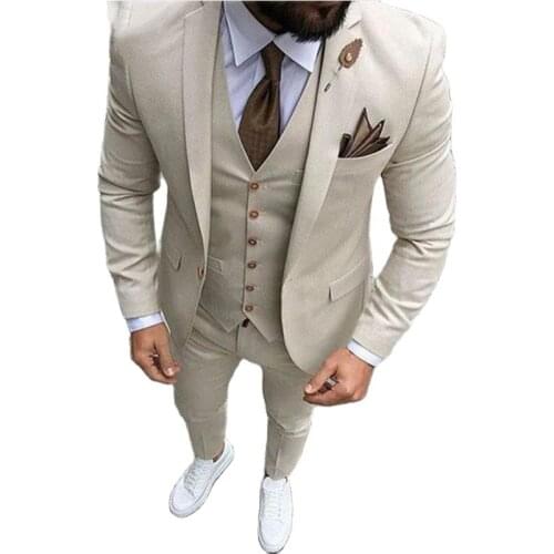 Slim Fits One Button Beige men Prom Party Business Suits Blazers Groom Tuxedos Clothing Sets (Jacket+Pants+Vest+Tie) W:1088