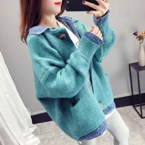 Autumn and Winter Korean Loose Denim Fake Two-piece Splicing Cardigan Womens Knitted Sweater Coat Cardigan