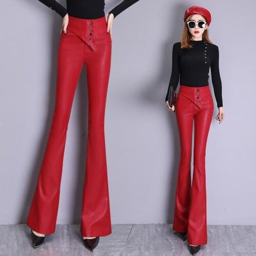 Autumn womens high waist PU Flare pants women Skinny PU leather pants Faux Leather pants womens Flare pants women trousers
