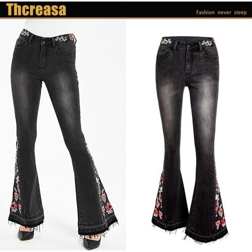 Popular Womens Elastic Heavy Industry Embroidery Flower Flare Pants Black Jeans Pants Women