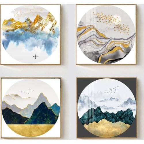 Oriental Green Gold Mountains Bird Landscape Poster Canvas Print Painting Wall Art Living Room Home Decoration