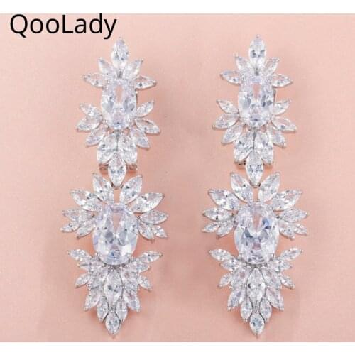 QooLady Luxury White Marquise Cut Cubic Zirconia Brilliant Statement Long Big Wedding Costume Jewelry Earrings for Brides E007