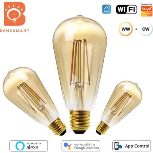 Benexmart Wifi G95 Smart LED Filament Bulb E27 Spiral Tungsten Lamp with Warm White 220v Tuya Alexa Google Home Voice Timer