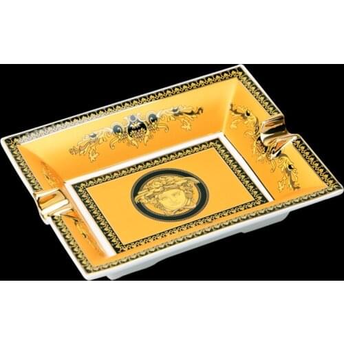 High-end Golden Grain Quality Antique Large Ceramic bone china Cigar Ashtray Holder 2 Cigars Rest with Nice Gift Box